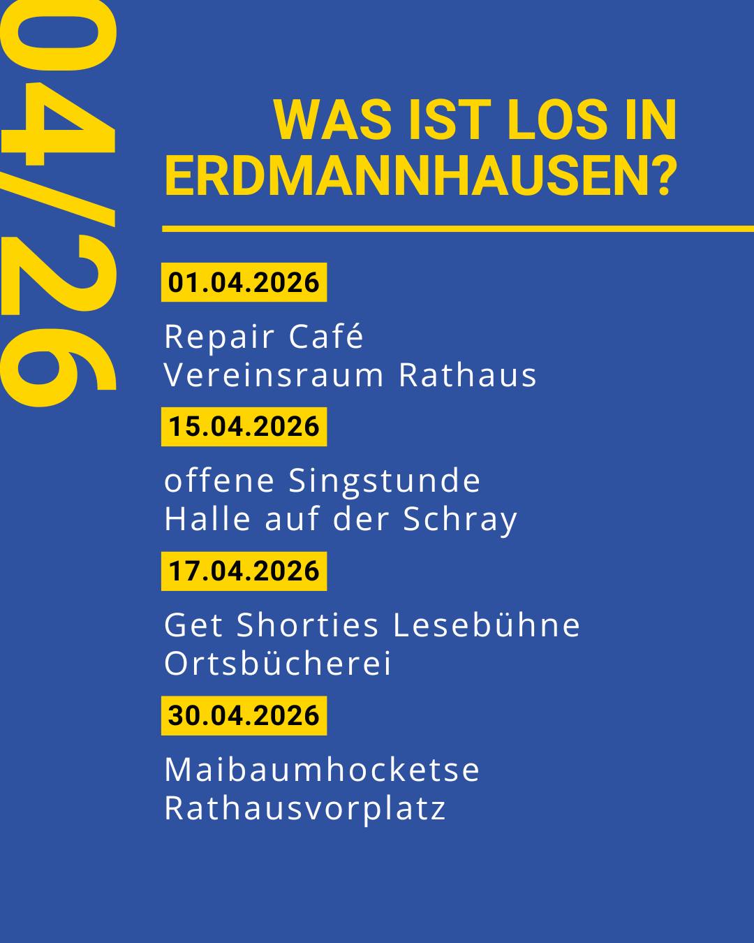 🌸 April in Erdmannhausen – Kultur trifft Tradition! 📚🌷

Liebe Bürgerinnen und Bürger,
der April bringt wieder...