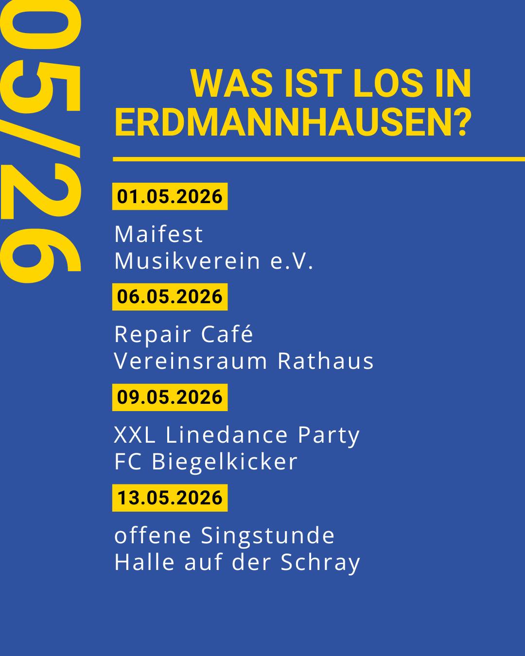 🌼 Mai in Erdmannhausen – Musik, Begegnung & beste Stimmung! 🎶💃

Liebe Bürgerinnen und Bürger,
der Mai bringt wieder...